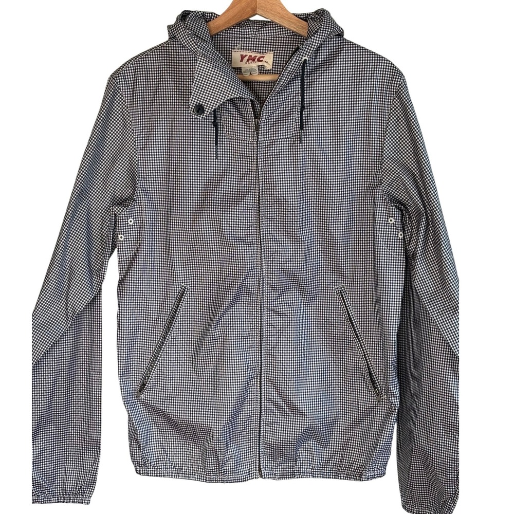 YMC Basic Windbreaker Navy White Mens Medium Gingham‎ Hooded Zip Jacket